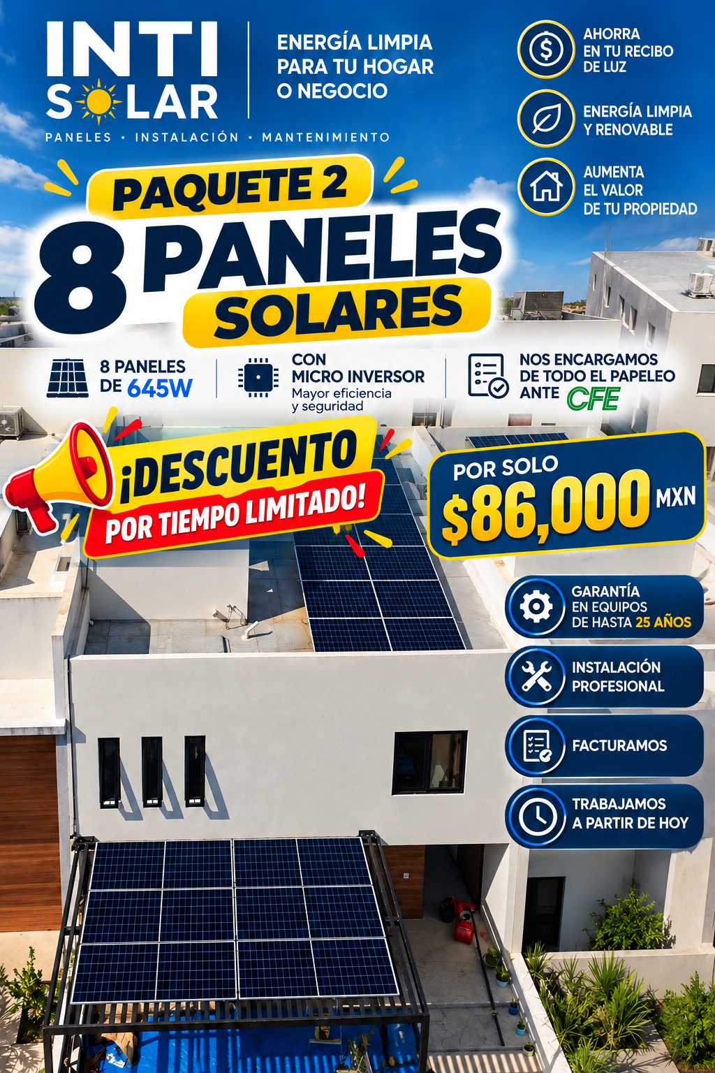 Publicidad de Inti Solar: paquete 2 de ocho paneles solares de 645 W con descuento por tiempo limitado